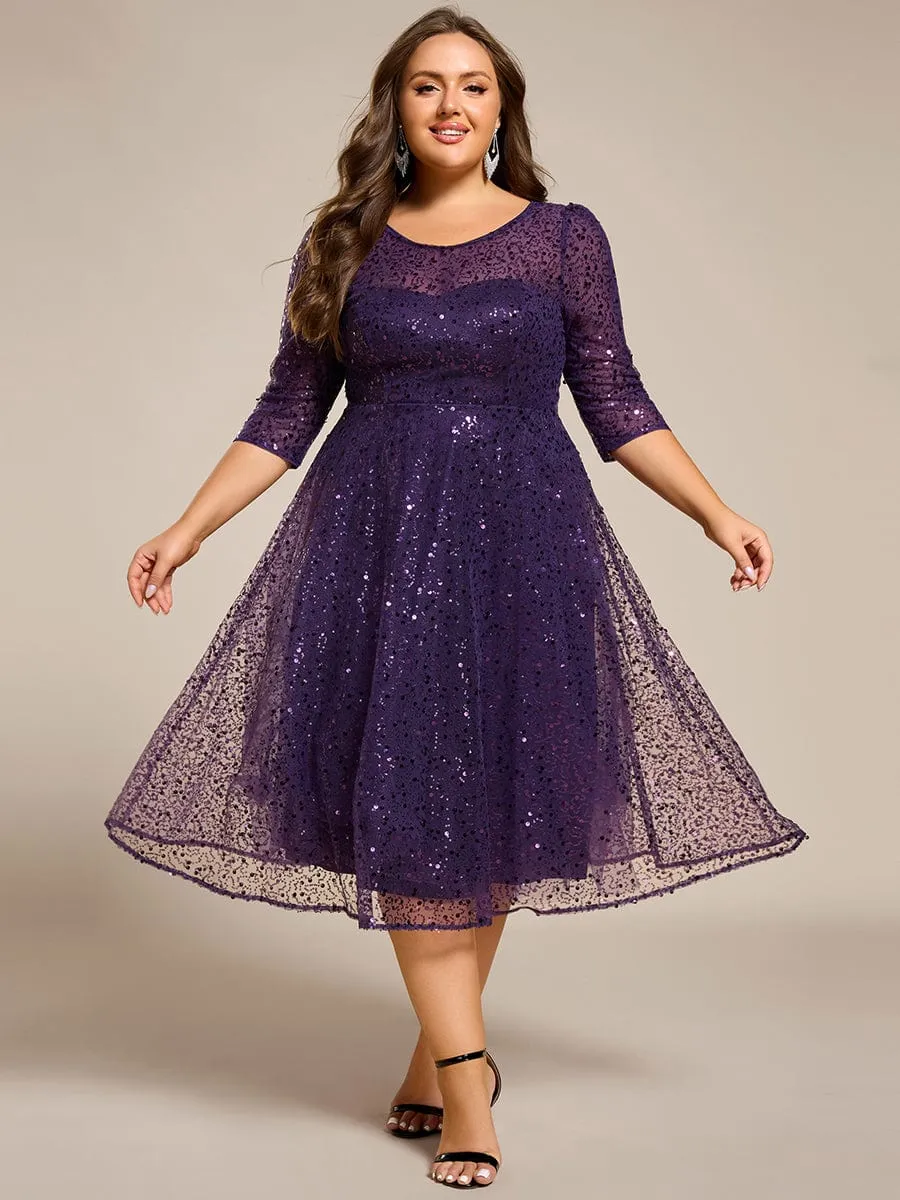 Dazzling Sequin A-Line Midi Mother of the Bride Dress with Long Sleeves