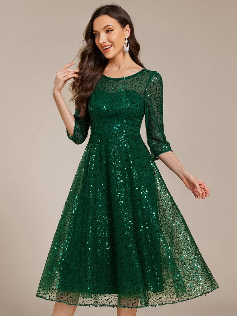 Dazzling Sequin A-Line Midi Mother of the Bride Dress with Long Sleeves