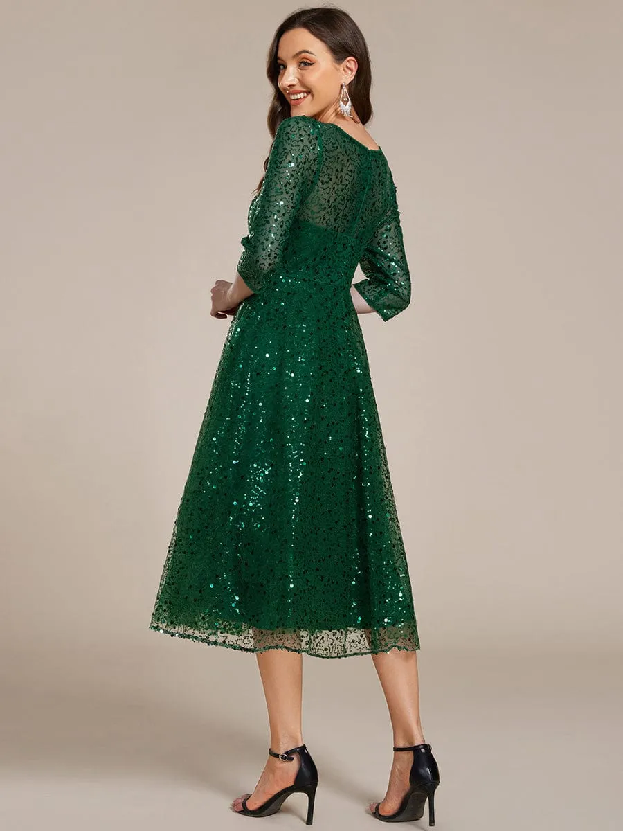 Dazzling Sequin A-Line Midi Mother of the Bride Dress with Long Sleeves