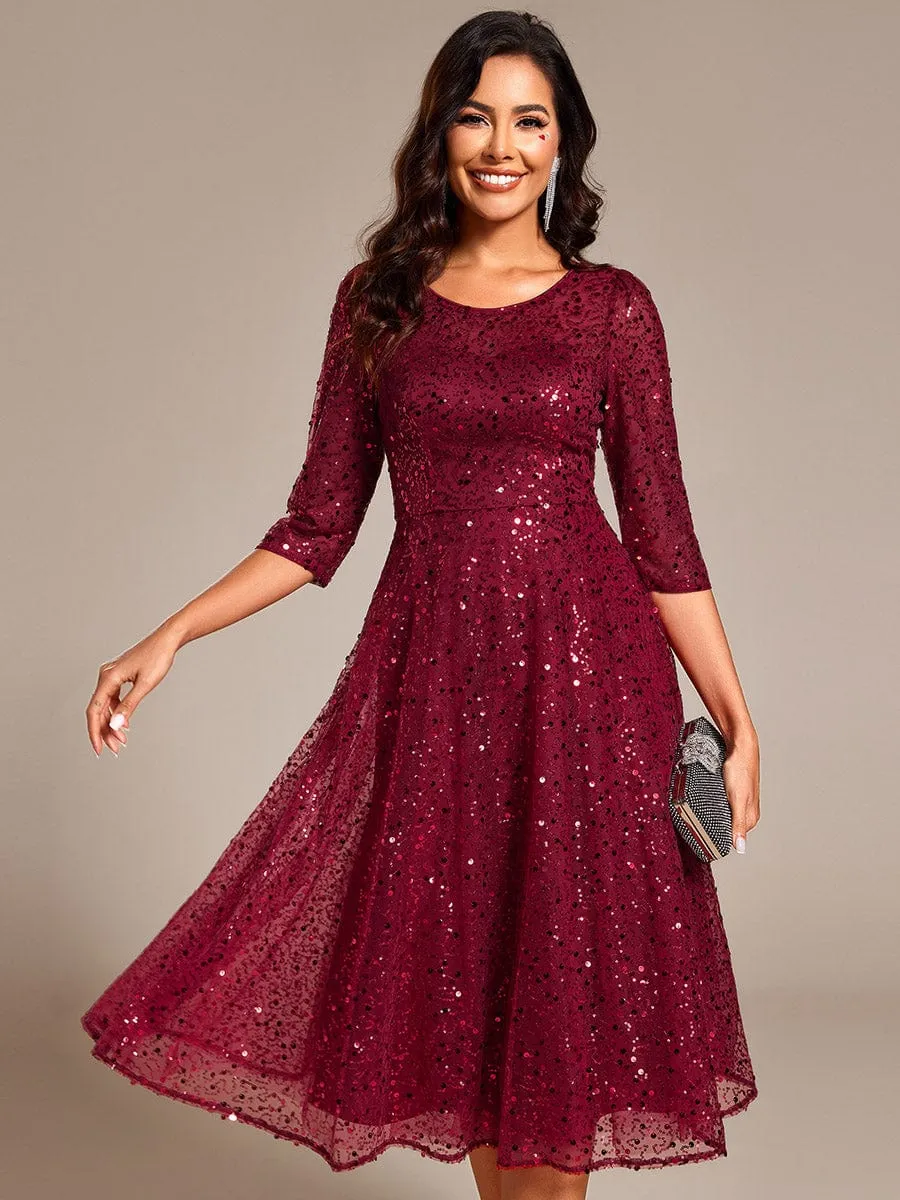 Dazzling Sequin A-Line Midi Mother of the Bride Dress with Long Sleeves