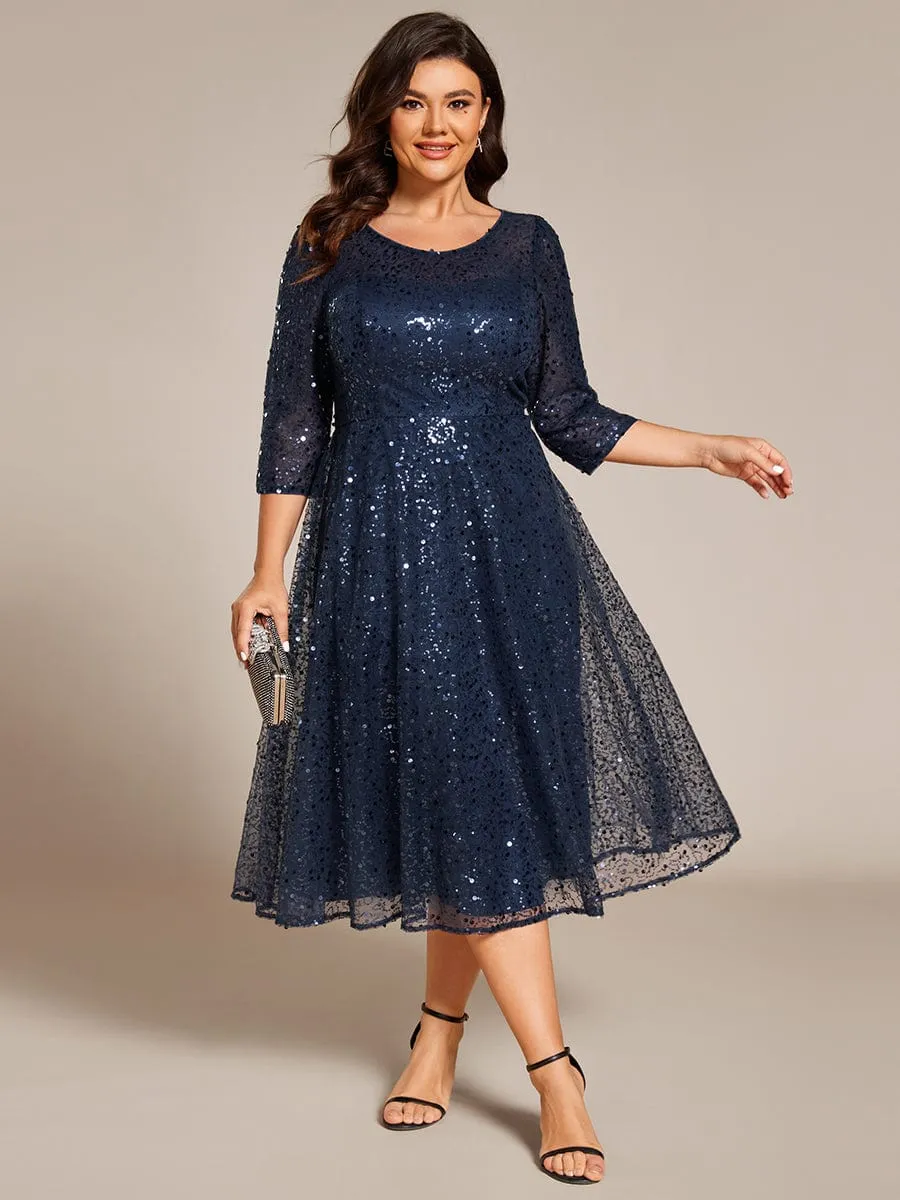 Dazzling Sequin A-Line Midi Mother of the Bride Dress with Long Sleeves