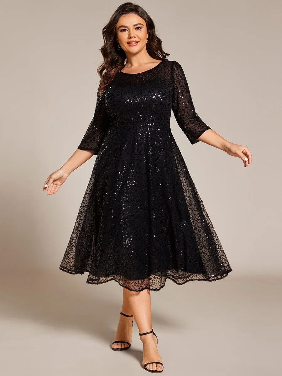 Dazzling Sequin A-Line Midi Mother of the Bride Dress with Long Sleeves
