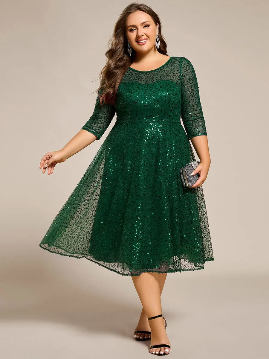 Dazzling Sequin A-Line Midi Mother of the Bride Dress with Long Sleeves