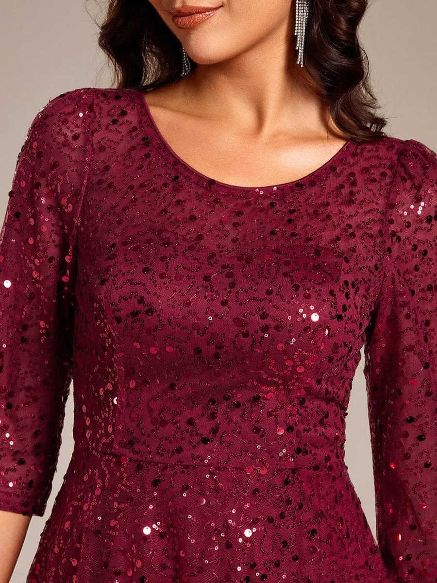 Dazzling Sequin A-Line Midi Mother of the Bride Dress with Long Sleeves
