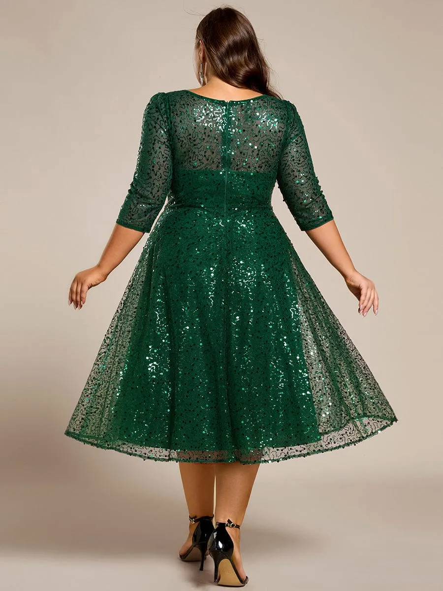 Dazzling Sequin A-Line Midi Mother of the Bride Dress with Long Sleeves
