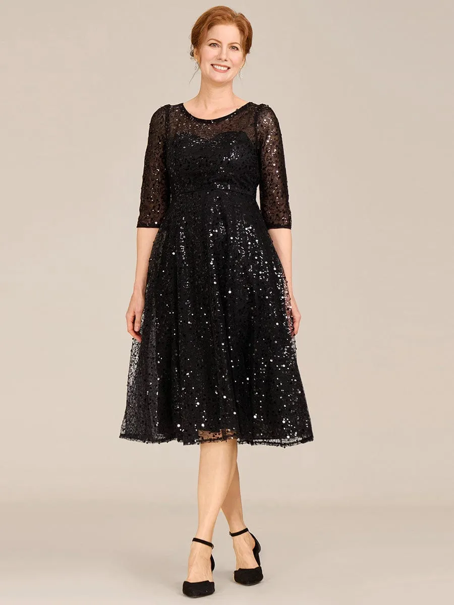 Dazzling Sequin A-Line Midi Mother of the Bride Dress with Long Sleeves