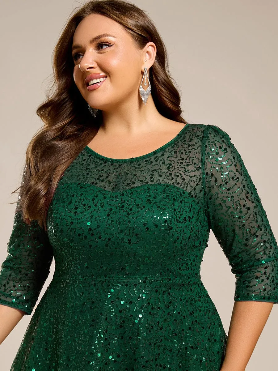 Dazzling Sequin A-Line Midi Mother of the Bride Dress with Long Sleeves