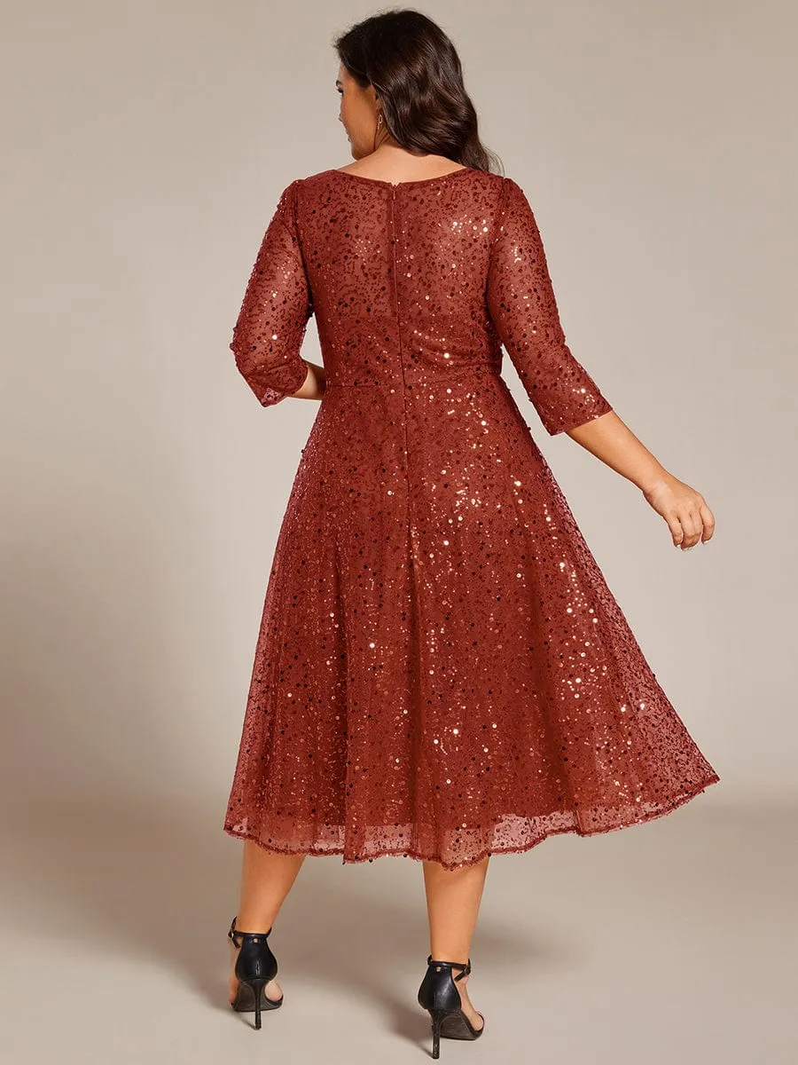 Dazzling Sequin A-Line Midi Mother of the Bride Dress with Long Sleeves