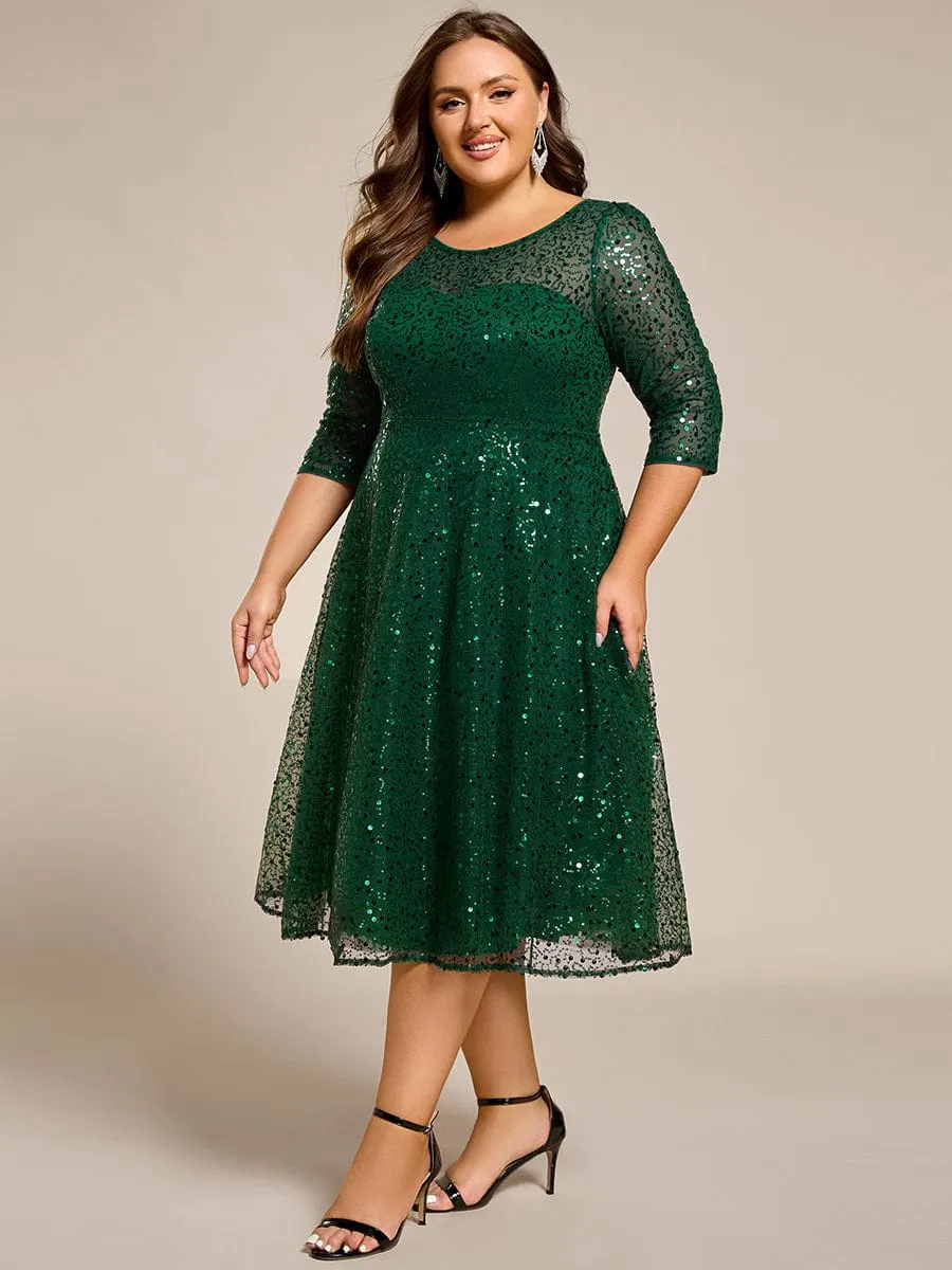 Dazzling Sequin A-Line Midi Mother of the Bride Dress with Long Sleeves