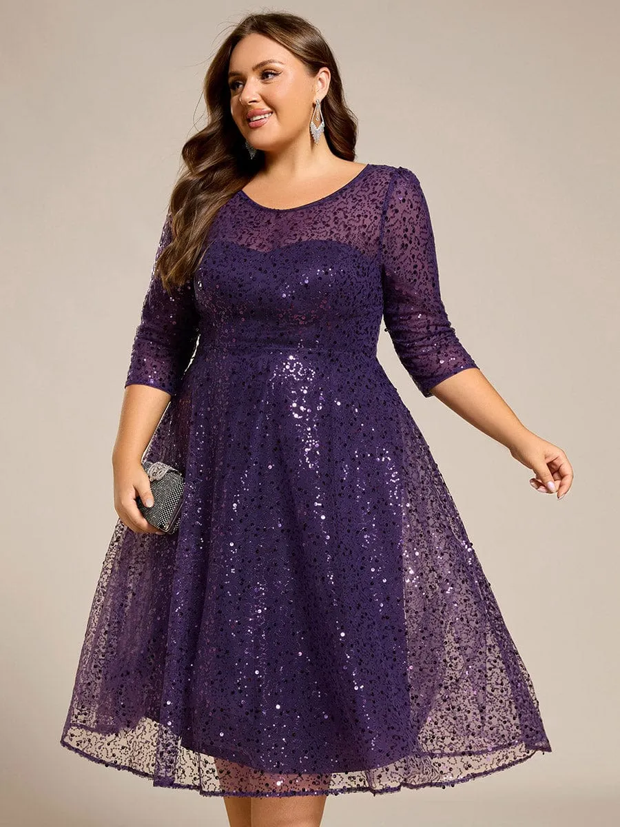 Dazzling Sequin A-Line Midi Mother of the Bride Dress with Long Sleeves