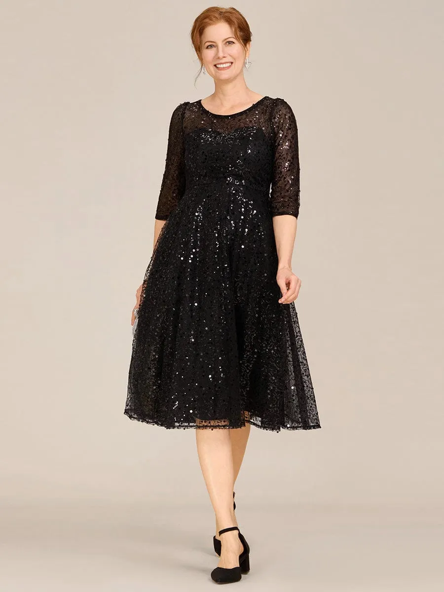 Dazzling Sequin A-Line Midi Mother of the Bride Dress with Long Sleeves