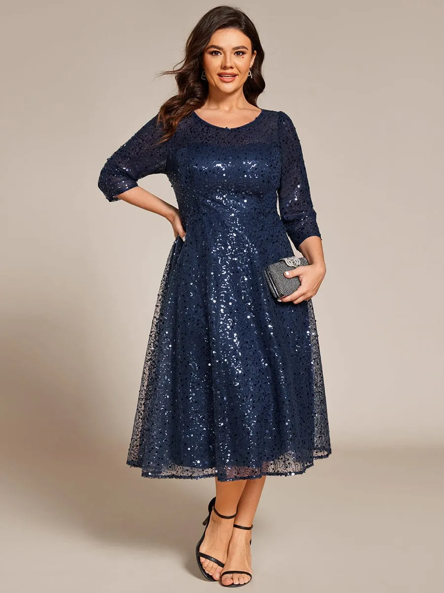 Dazzling Sequin A-Line Midi Mother of the Bride Dress with Long Sleeves