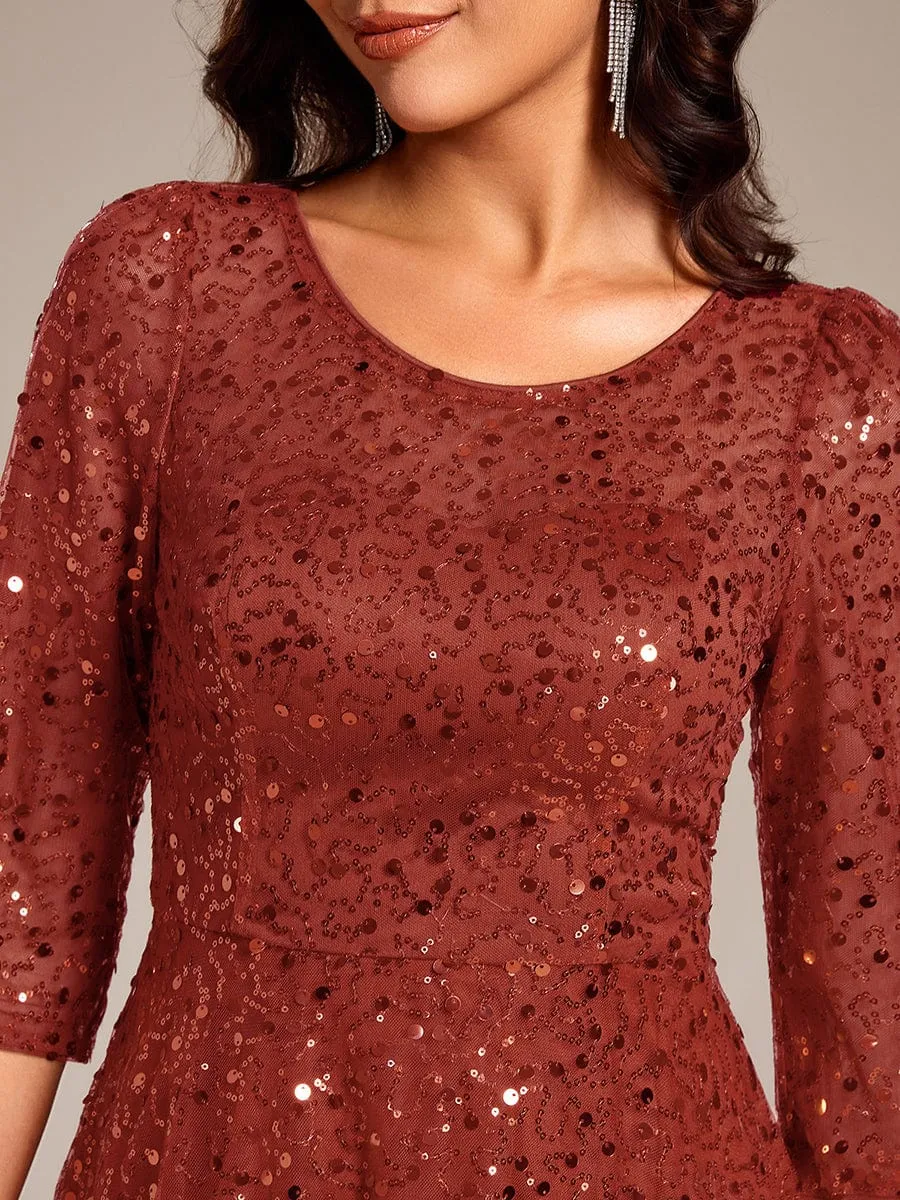 Dazzling Sequin A-Line Midi Mother of the Bride Dress with Long Sleeves
