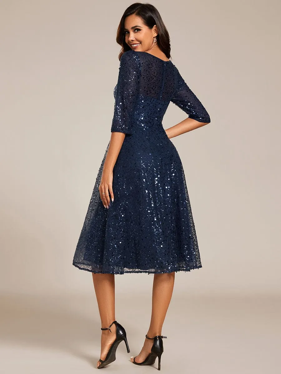 Dazzling Sequin A-Line Midi Mother of the Bride Dress with Long Sleeves