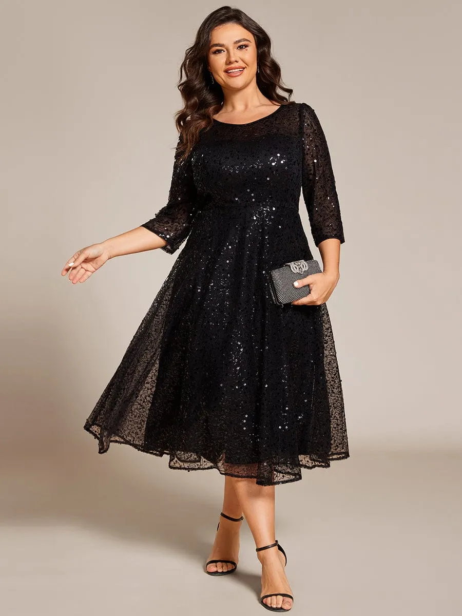 Dazzling Sequin A-Line Midi Mother of the Bride Dress with Long Sleeves