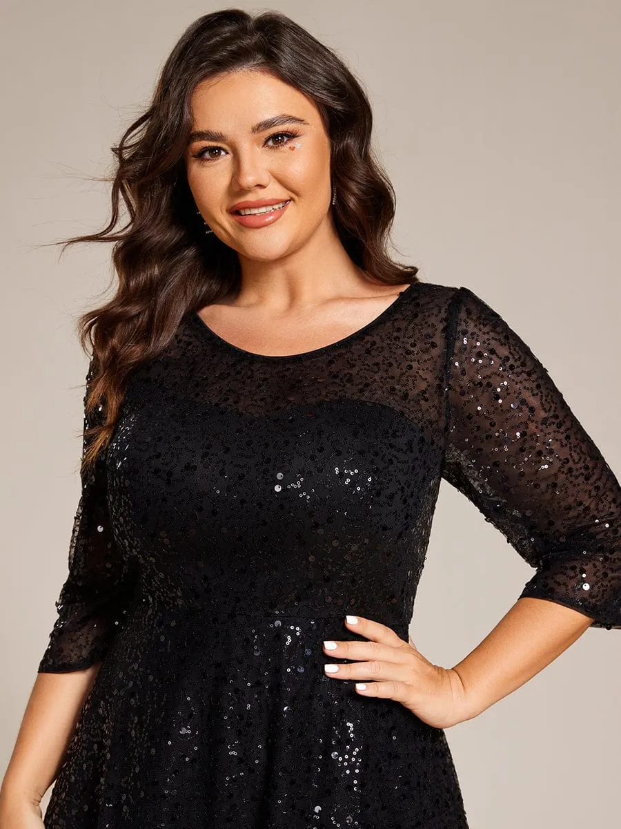 Dazzling Sequin A-Line Midi Mother of the Bride Dress with Long Sleeves