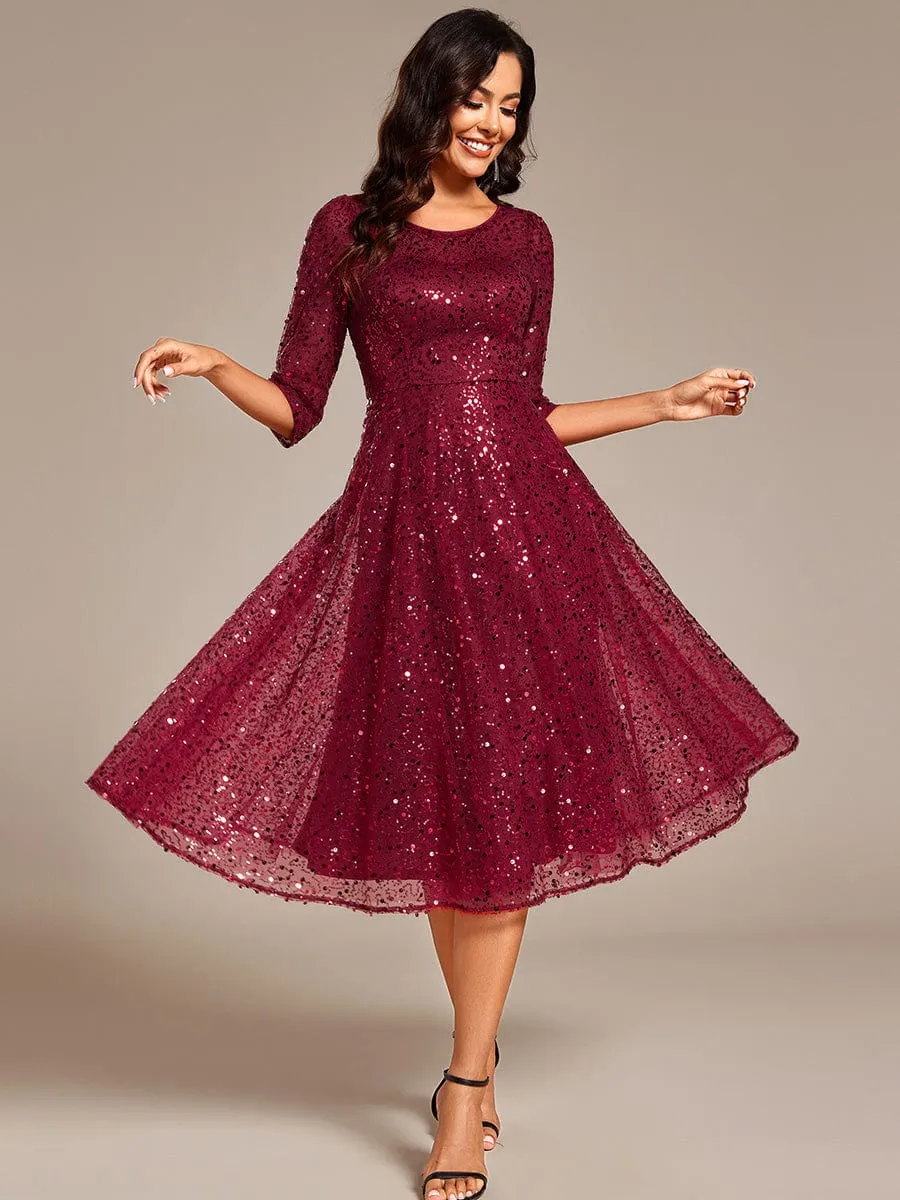 Dazzling Sequin A-Line Midi Mother of the Bride Dress with Long Sleeves