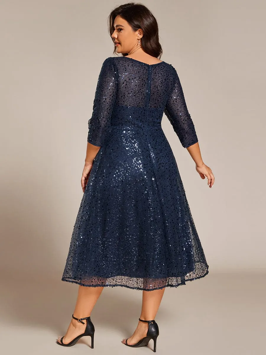 Dazzling Sequin A-Line Midi Mother of the Bride Dress with Long Sleeves