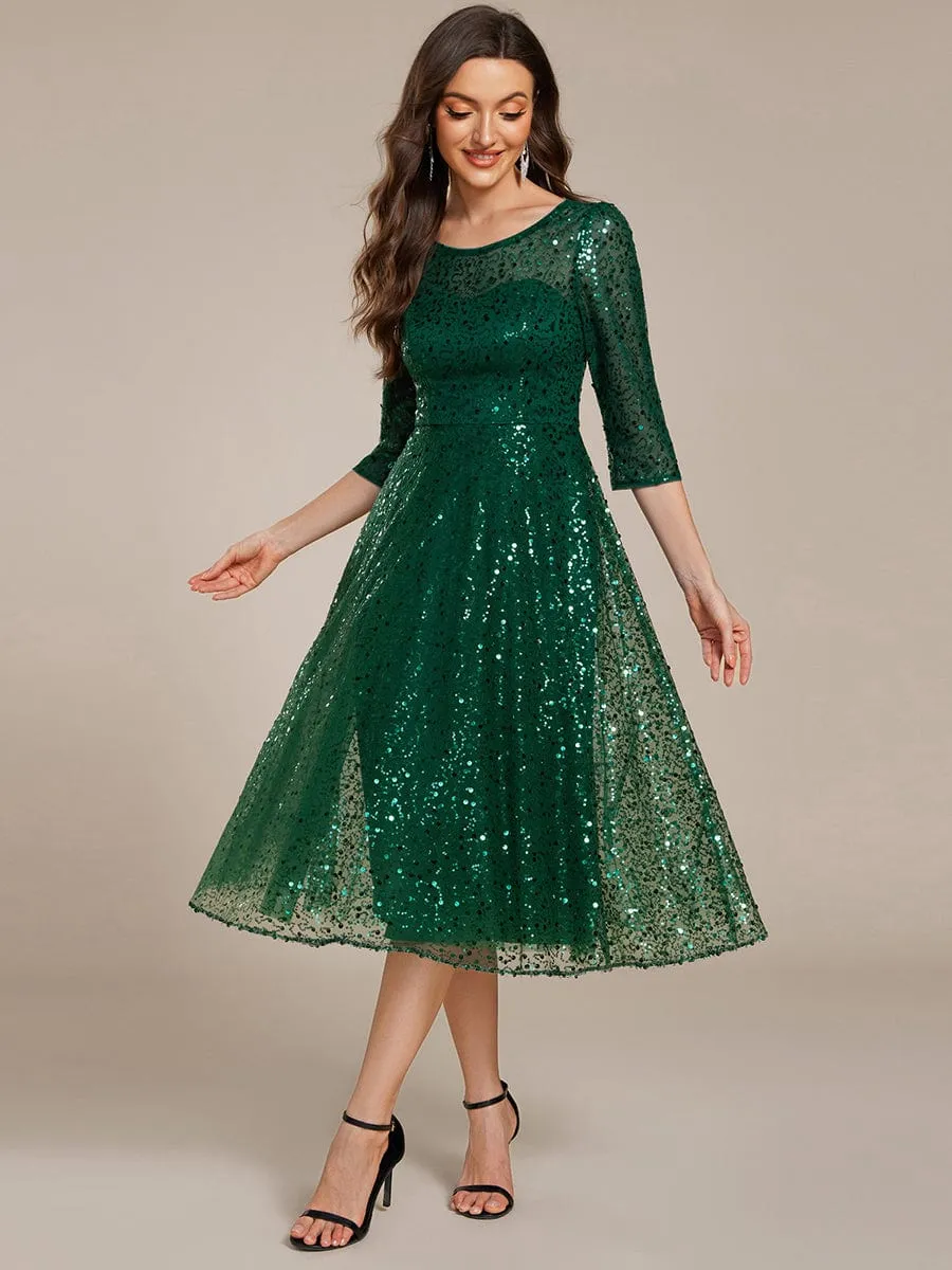 Dazzling Sequin A-Line Midi Mother of the Bride Dress with Long Sleeves