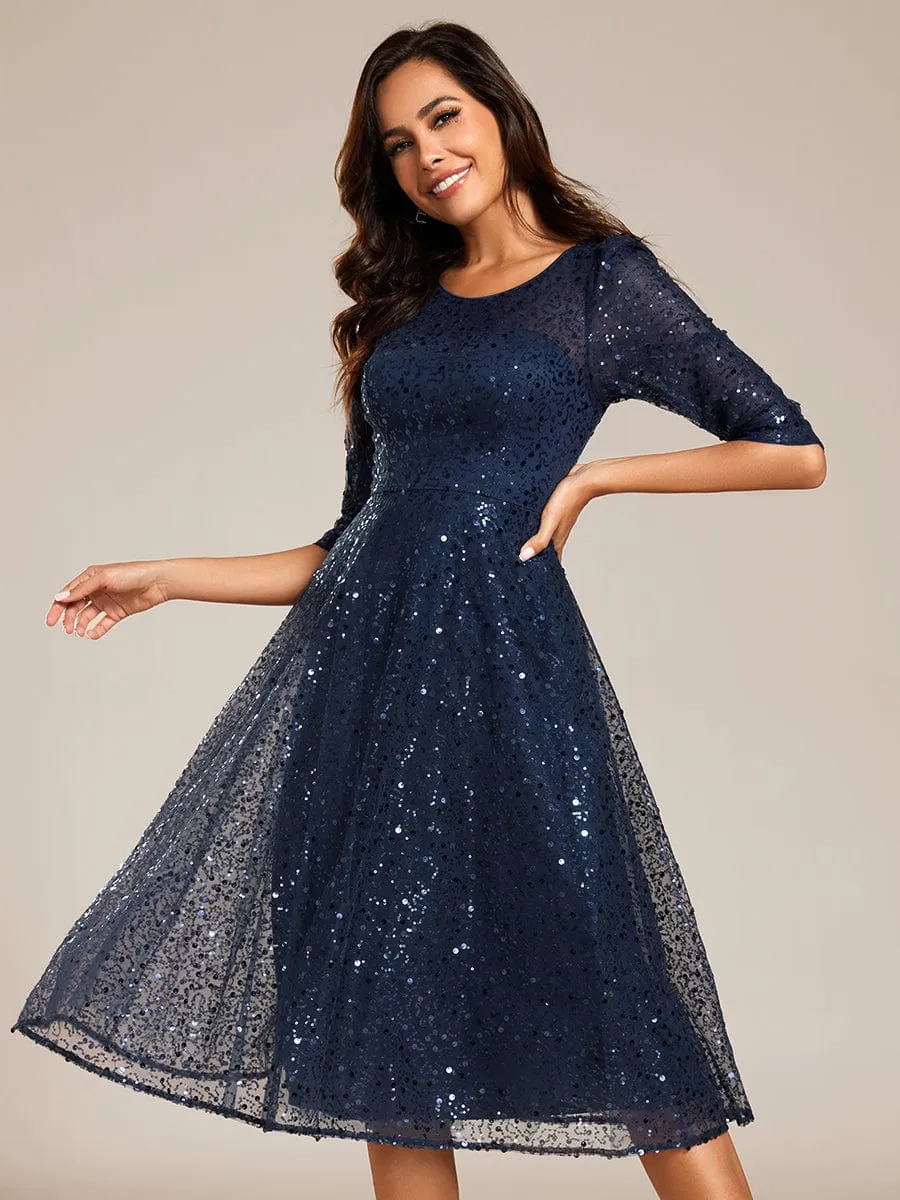 Dazzling Sequin A-Line Midi Mother of the Bride Dress with Long Sleeves