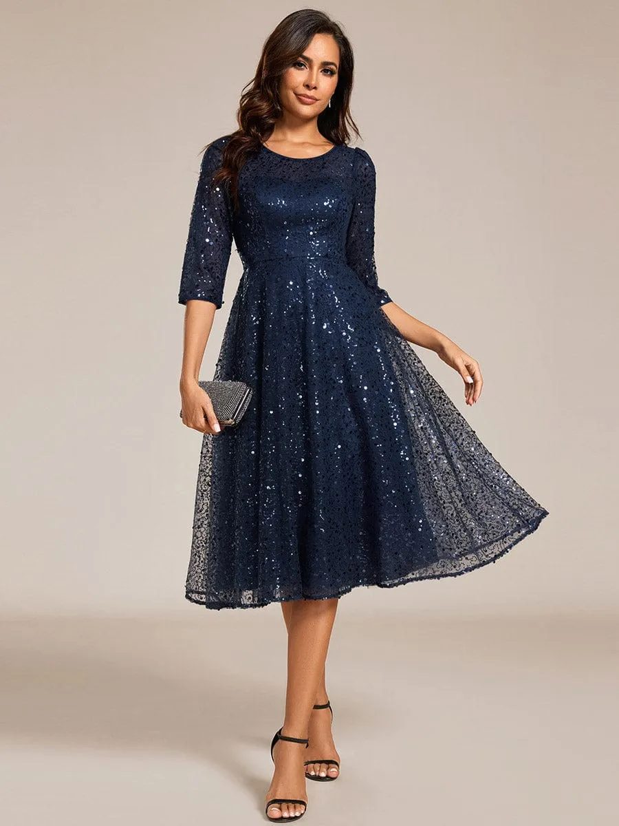 Dazzling Sequin A-Line Midi Mother of the Bride Dress with Long Sleeves