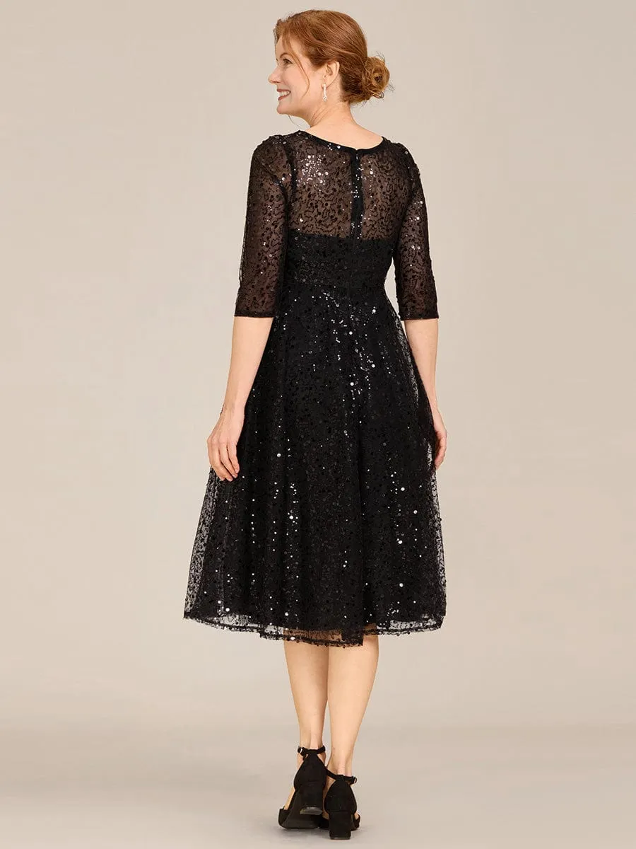 Dazzling Sequin A-Line Midi Mother of the Bride Dress with Long Sleeves