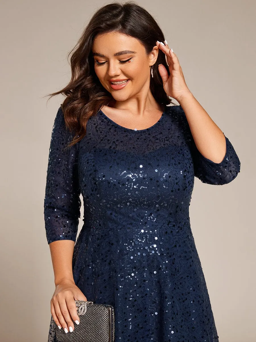 Dazzling Sequin A-Line Midi Mother of the Bride Dress with Long Sleeves
