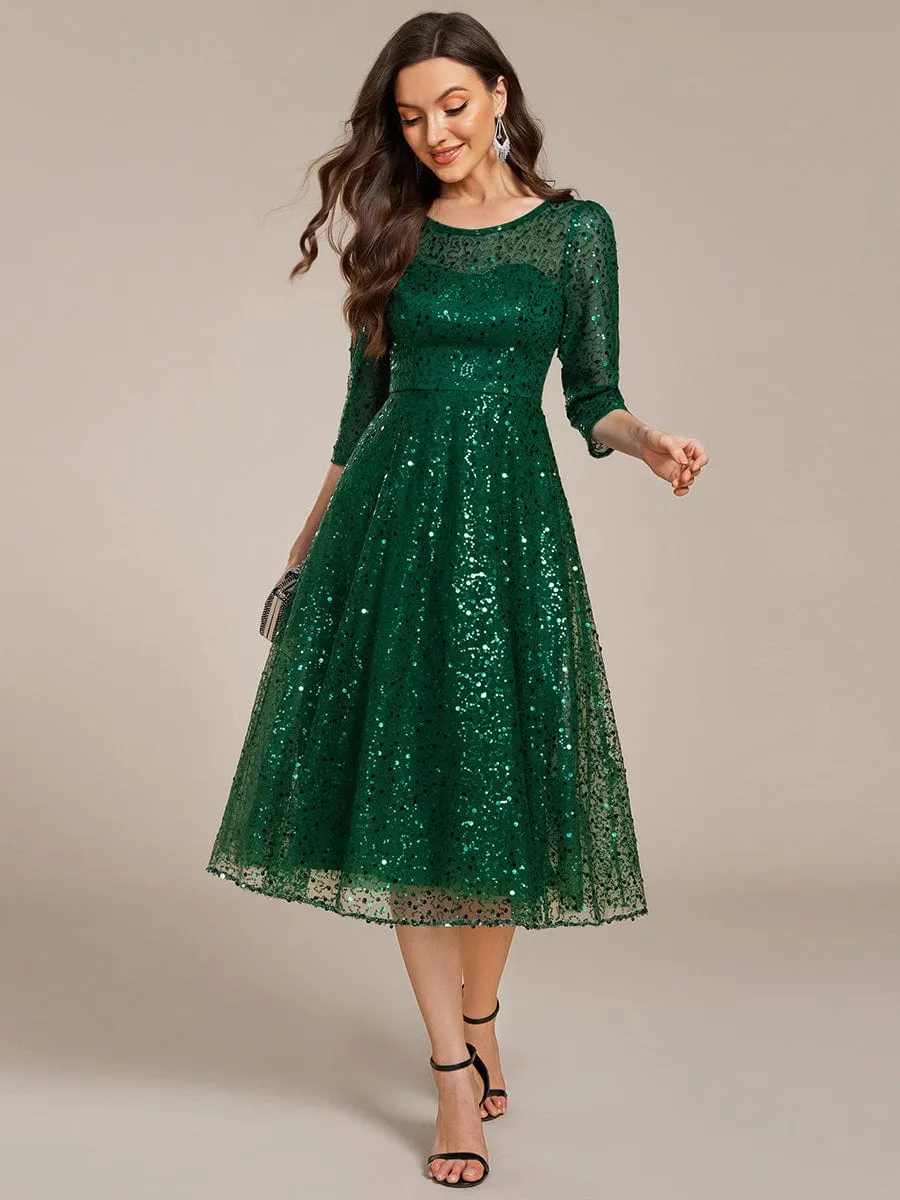 Dazzling Sequin A-Line Midi Mother of the Bride Dress with Long Sleeves