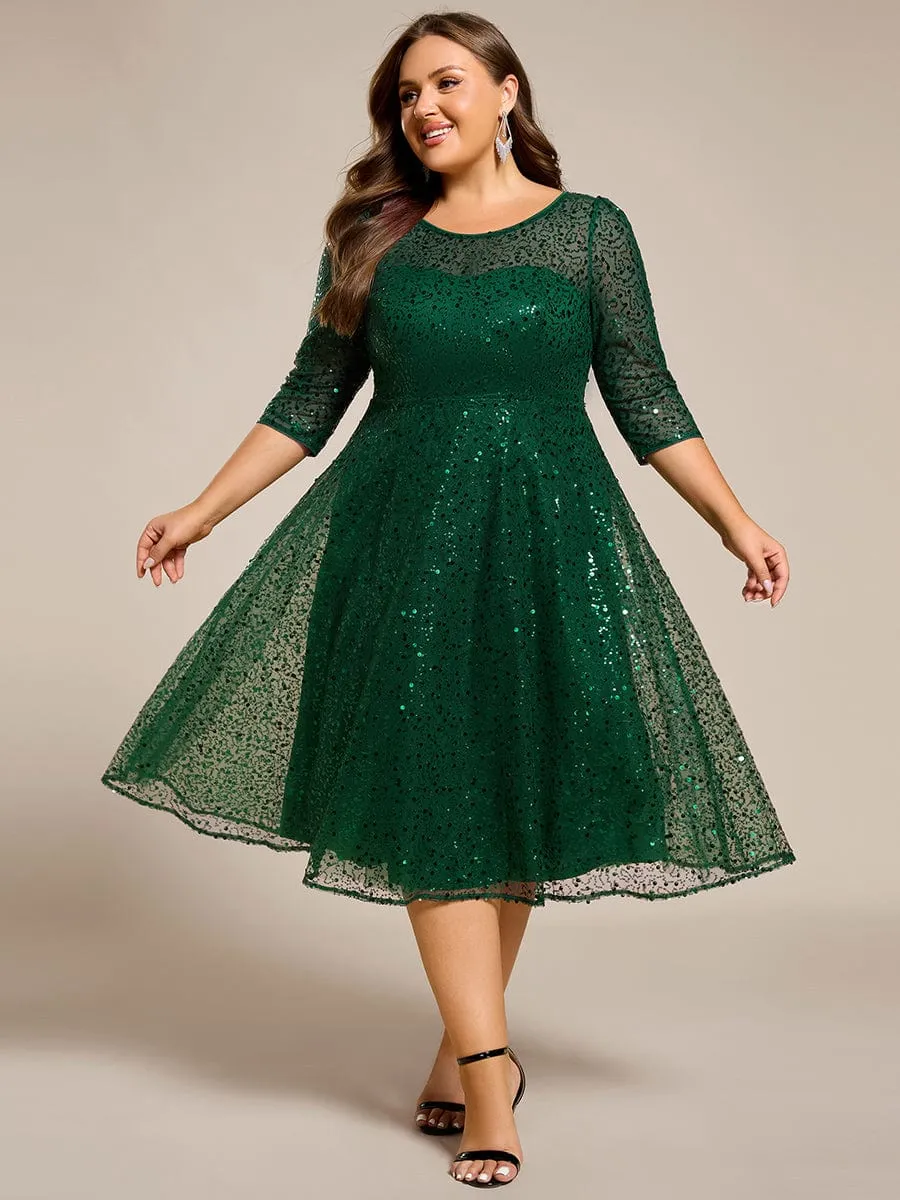Dazzling Sequin A-Line Midi Mother of the Bride Dress with Long Sleeves