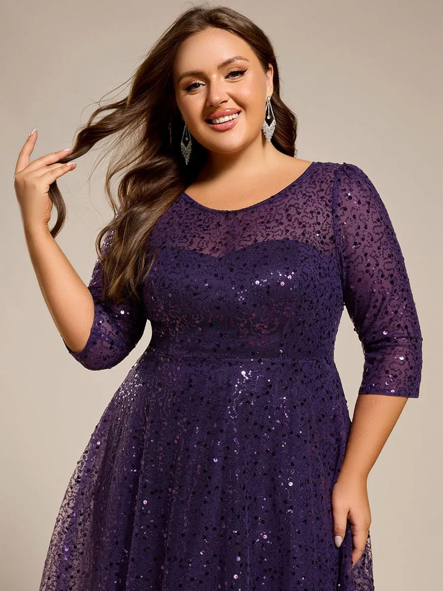 Dazzling Sequin A-Line Midi Mother of the Bride Dress with Long Sleeves