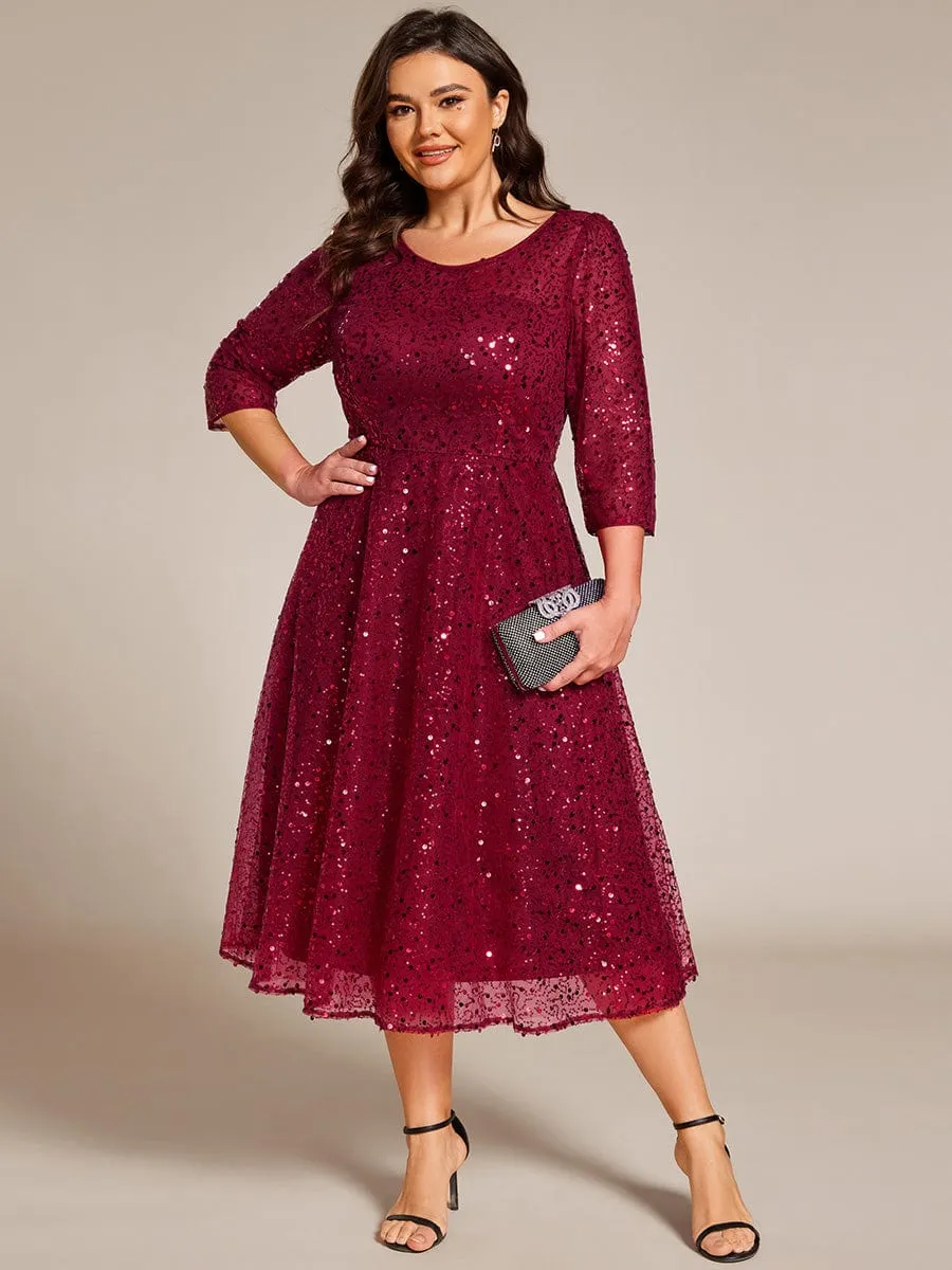 Dazzling Sequin A-Line Midi Mother of the Bride Dress with Long Sleeves
