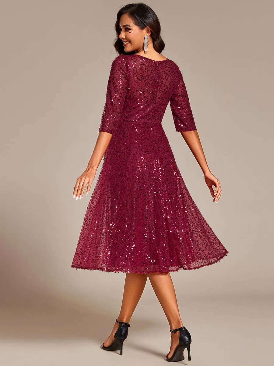 Dazzling Sequin A-Line Midi Mother of the Bride Dress with Long Sleeves