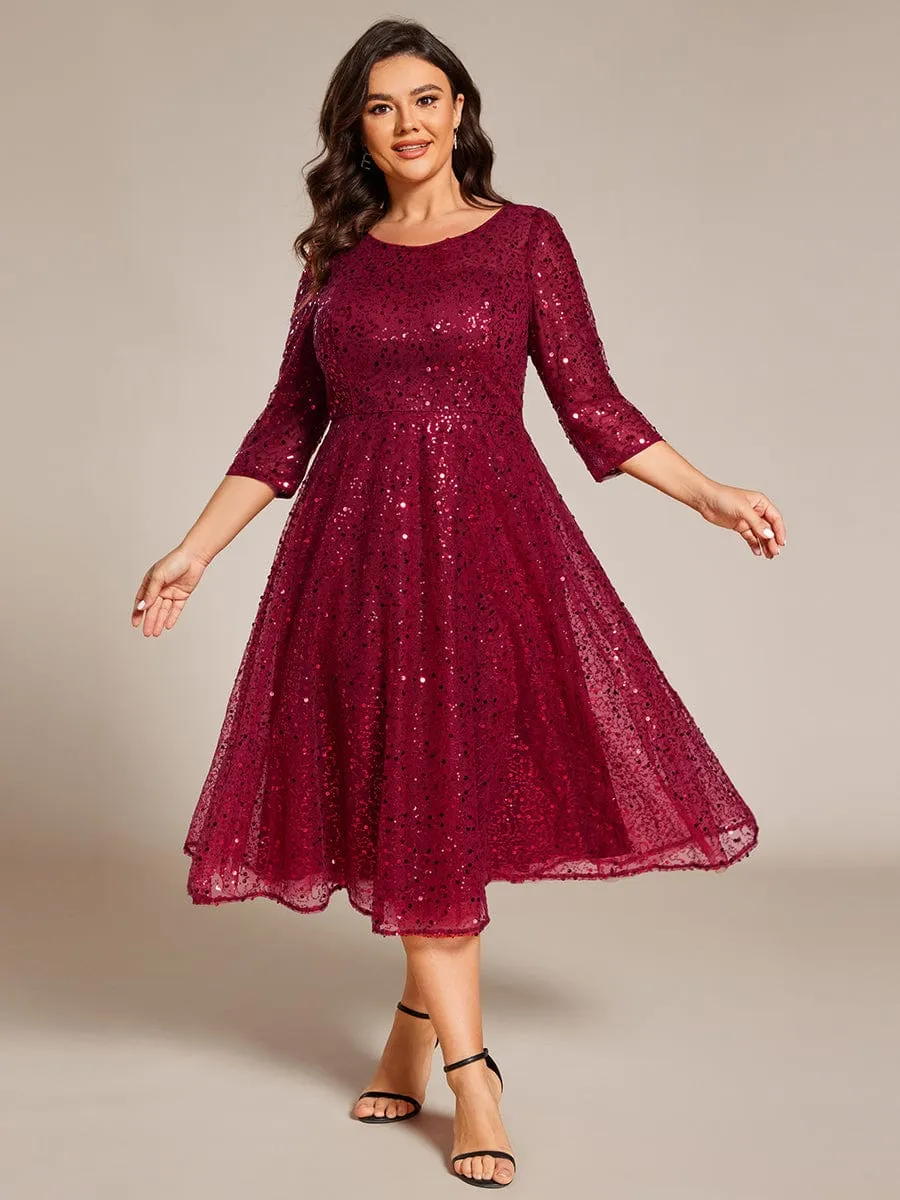 Dazzling Sequin A-Line Midi Mother of the Bride Dress with Long Sleeves