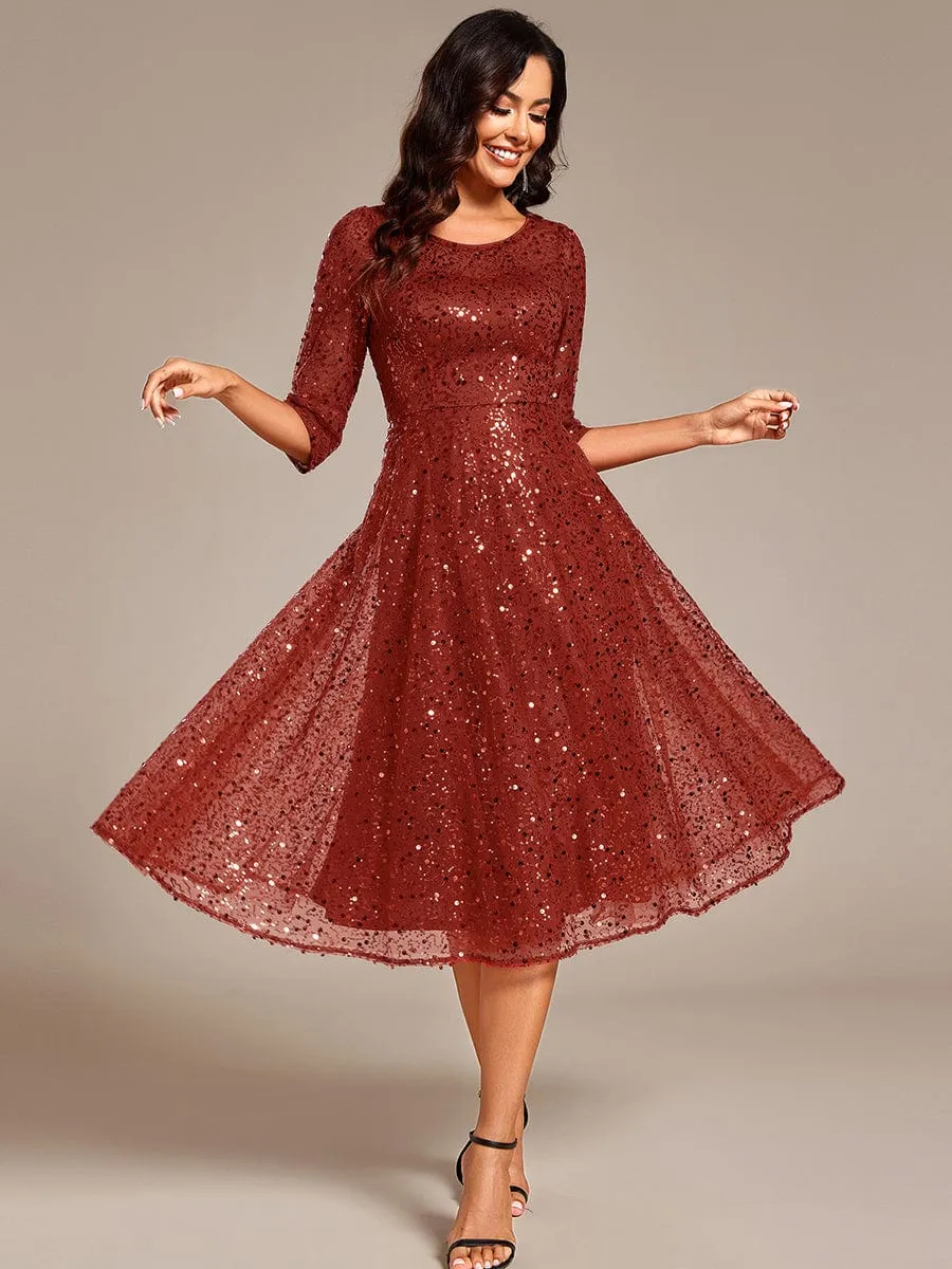 Dazzling Sequin A-Line Midi Mother of the Bride Dress with Long Sleeves
