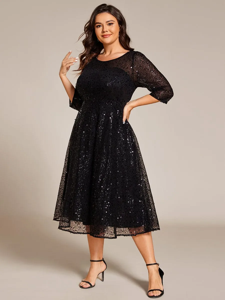 Dazzling Sequin A-Line Midi Mother of the Bride Dress with Long Sleeves