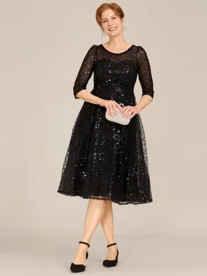 Dazzling Sequin A-Line Midi Mother of the Bride Dress with Long Sleeves