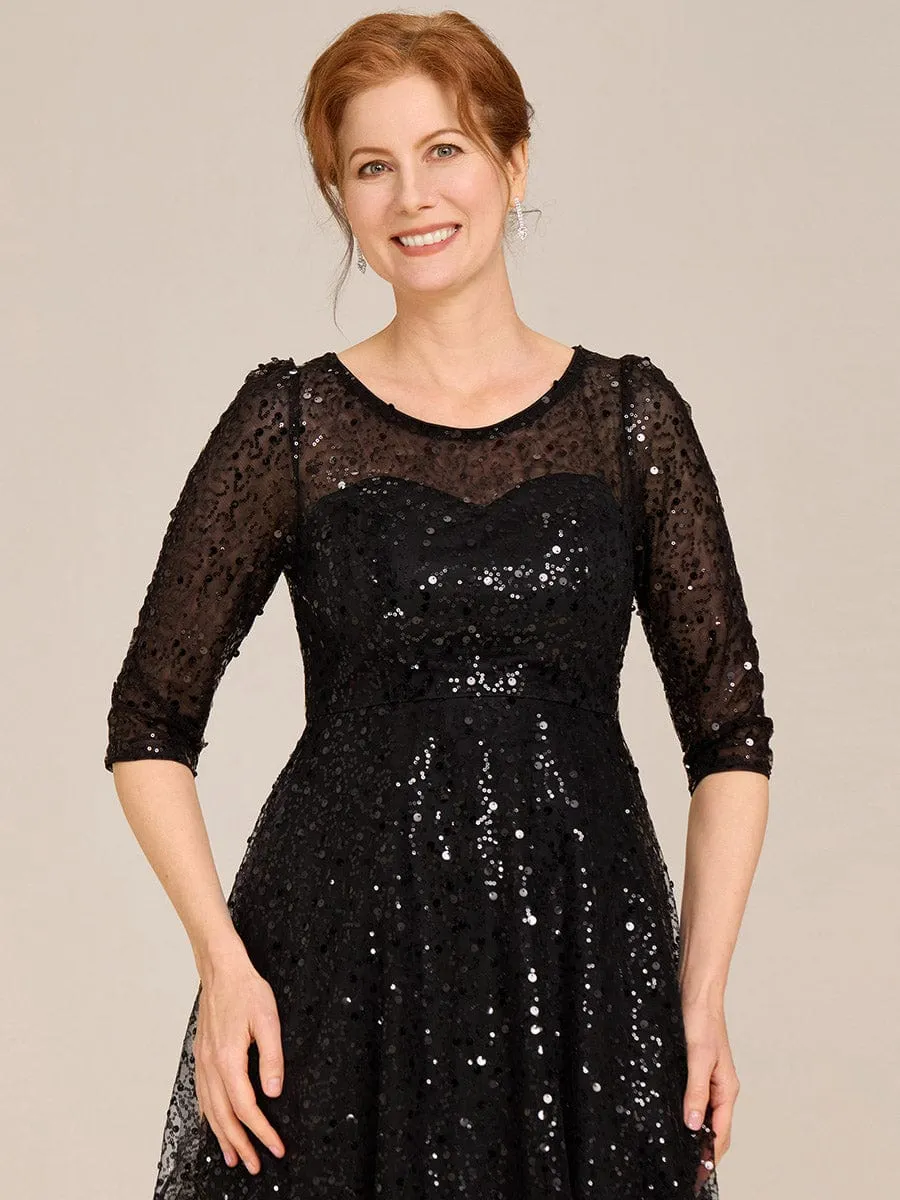 Dazzling Sequin A-Line Midi Mother of the Bride Dress with Long Sleeves