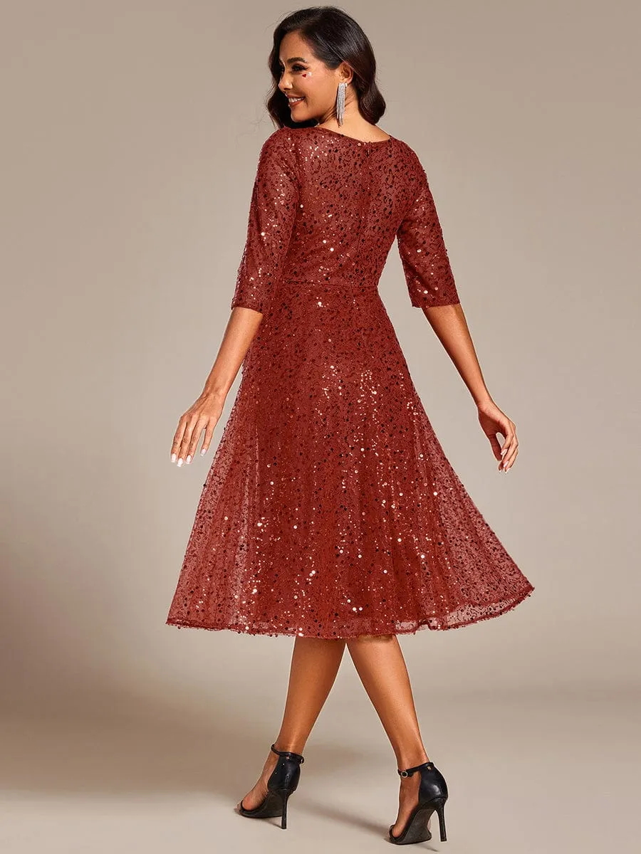 Dazzling Sequin A-Line Midi Mother of the Bride Dress with Long Sleeves