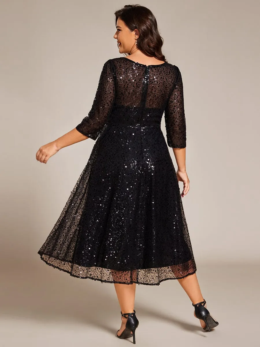 Dazzling Sequin A-Line Midi Mother of the Bride Dress with Long Sleeves