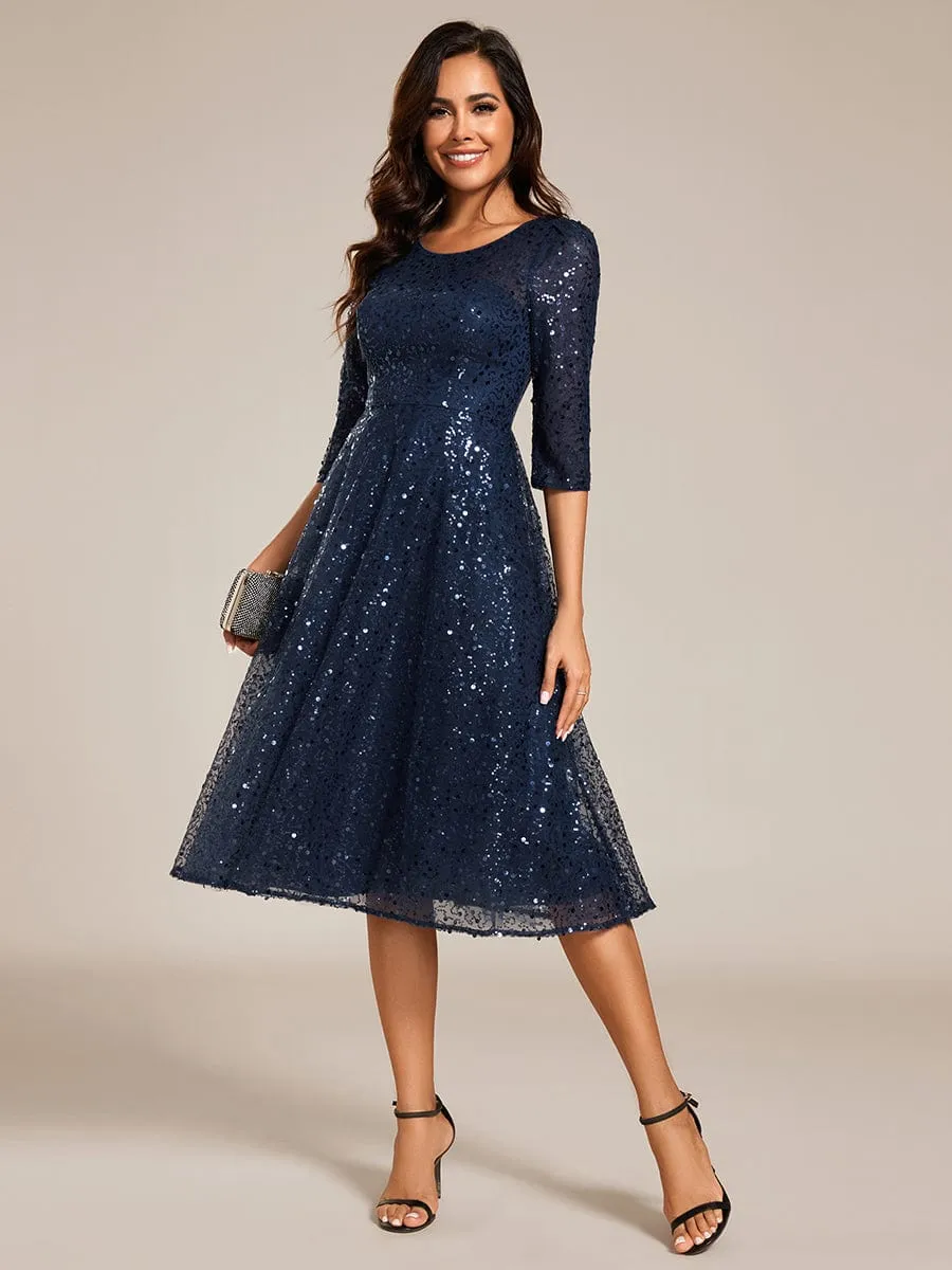 Dazzling Sequin A-Line Midi Mother of the Bride Dress with Long Sleeves