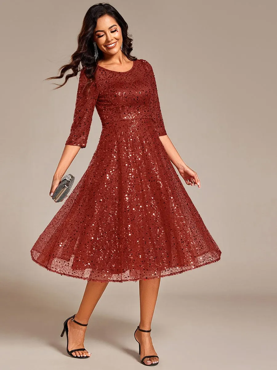 Dazzling Sequin A-Line Midi Mother of the Bride Dress with Long Sleeves