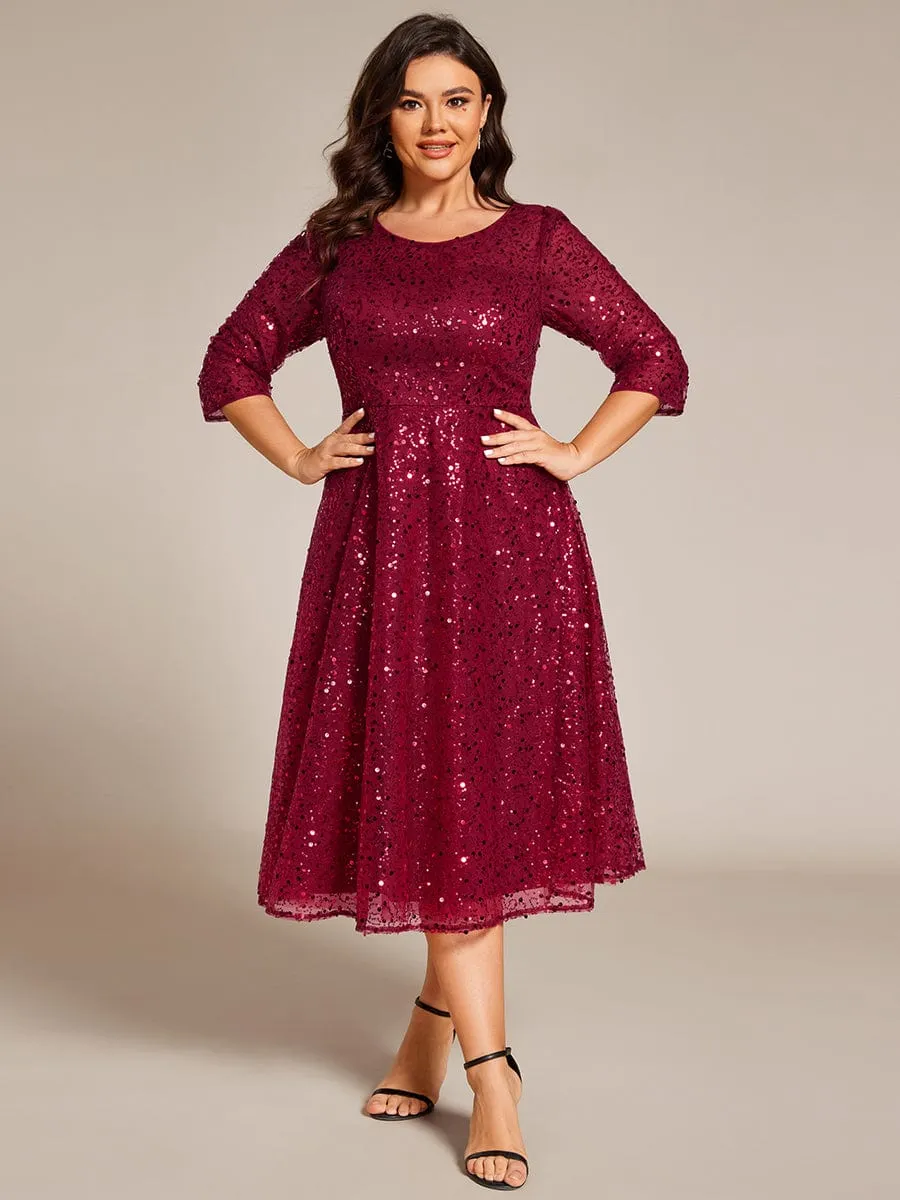 Dazzling Sequin A-Line Midi Mother of the Bride Dress with Long Sleeves