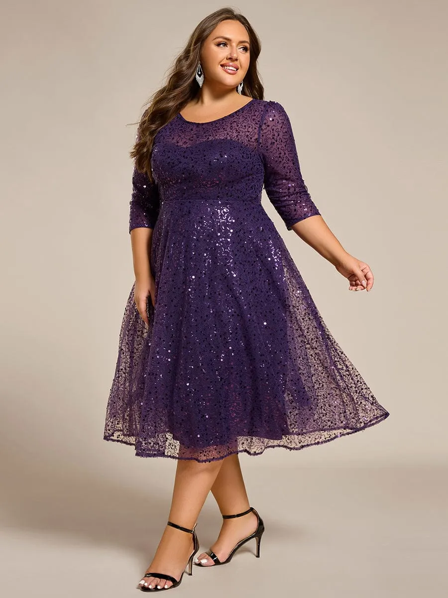 Dazzling Sequin A-Line Midi Mother of the Bride Dress with Long Sleeves
