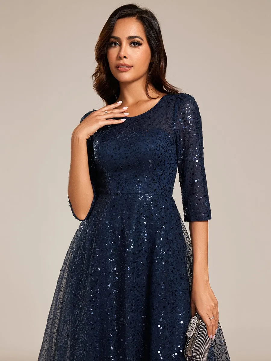 Dazzling Sequin A-Line Midi Mother of the Bride Dress with Long Sleeves