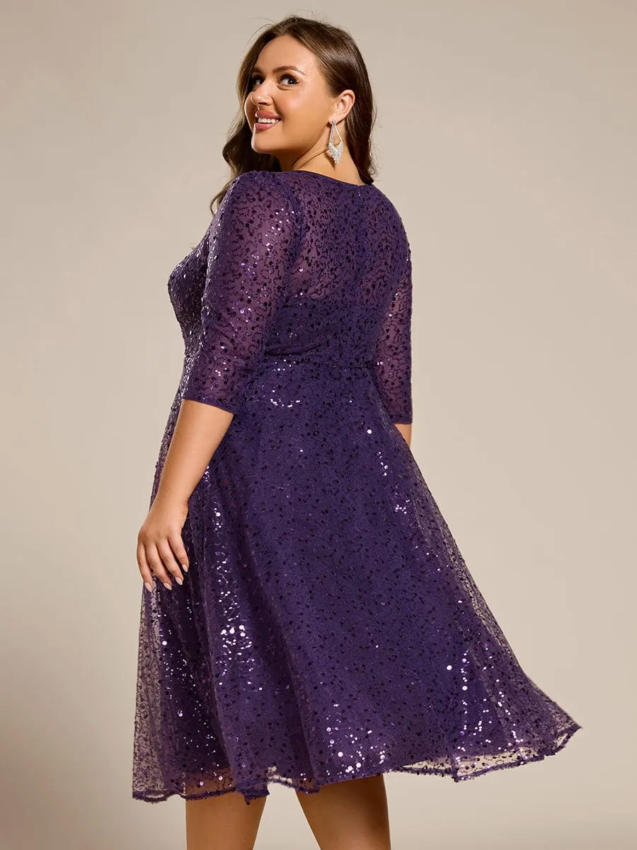 Dazzling Sequin A-Line Midi Mother of the Bride Dress with Long Sleeves