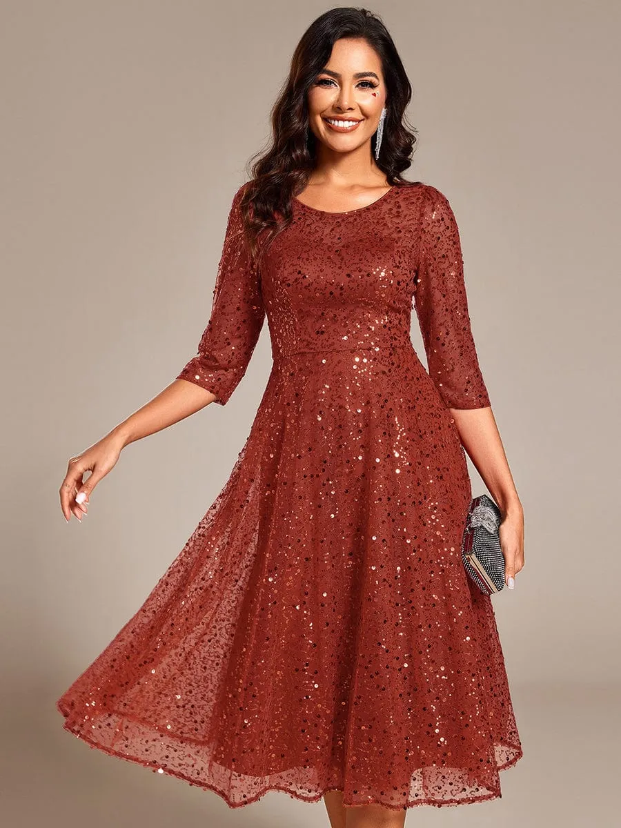 Dazzling Sequin A-Line Midi Mother of the Bride Dress with Long Sleeves