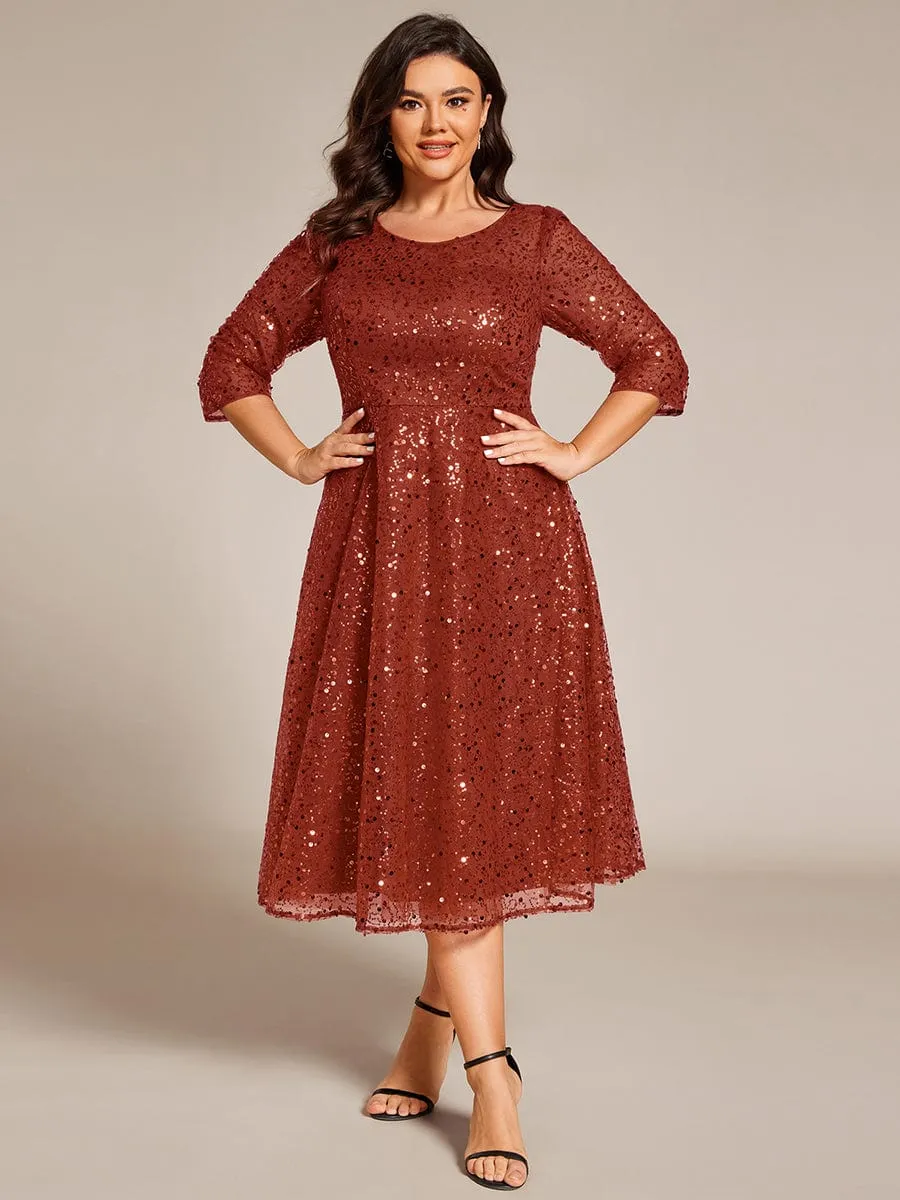 Dazzling Sequin A-Line Midi Mother of the Bride Dress with Long Sleeves