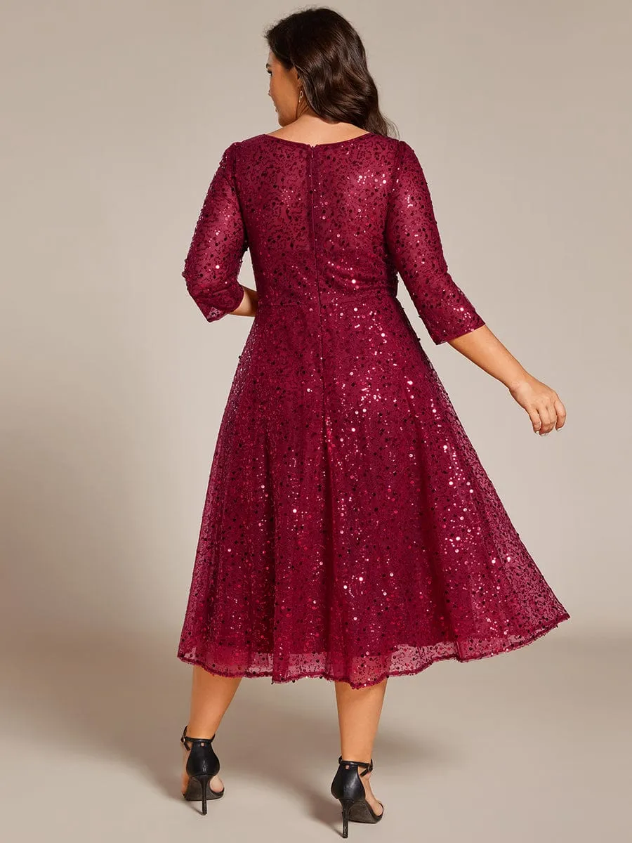 Dazzling Sequin A-Line Midi Mother of the Bride Dress with Long Sleeves