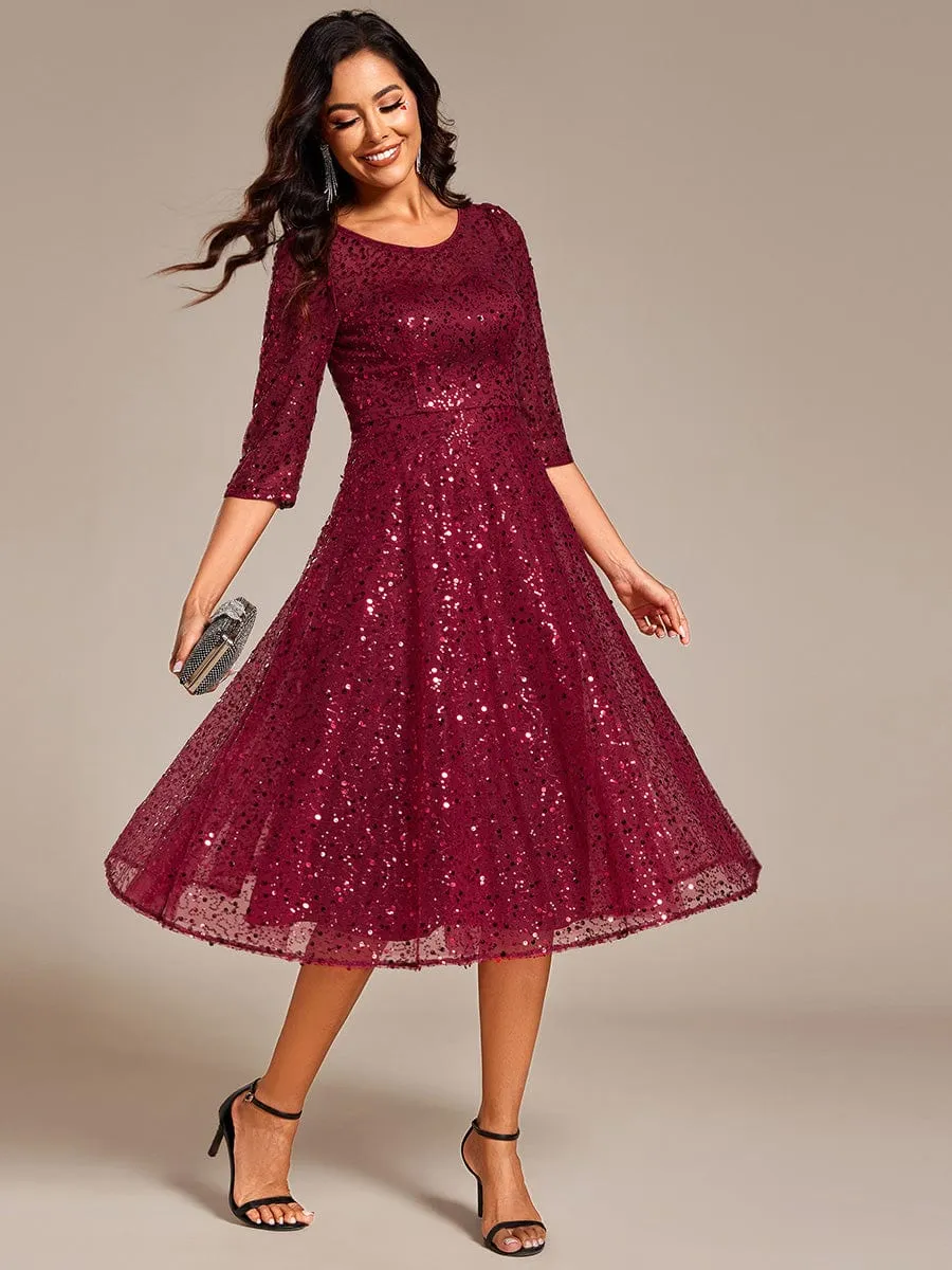Dazzling Sequin A-Line Midi Mother of the Bride Dress with Long Sleeves