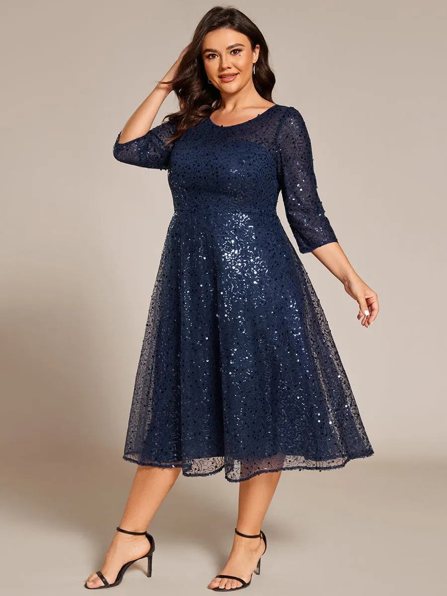 Dazzling Sequin A-Line Midi Mother of the Bride Dress with Long Sleeves